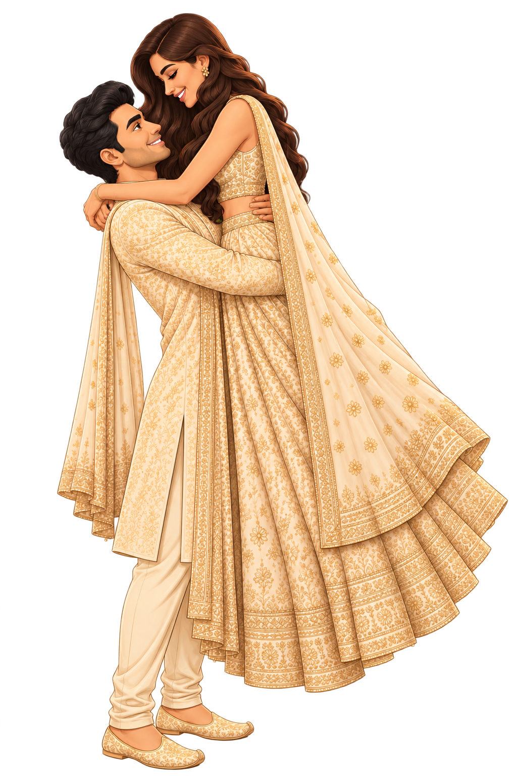 Tanuj holding Shriya in a romantic embrace, illustrated in golden wedding attire